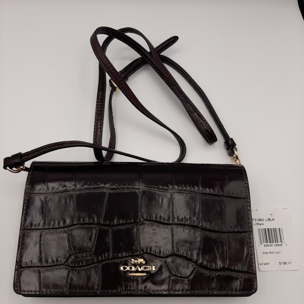 COACH F31862 Embossed Crocodile Leather Handbag Crossbody Bag - Black
